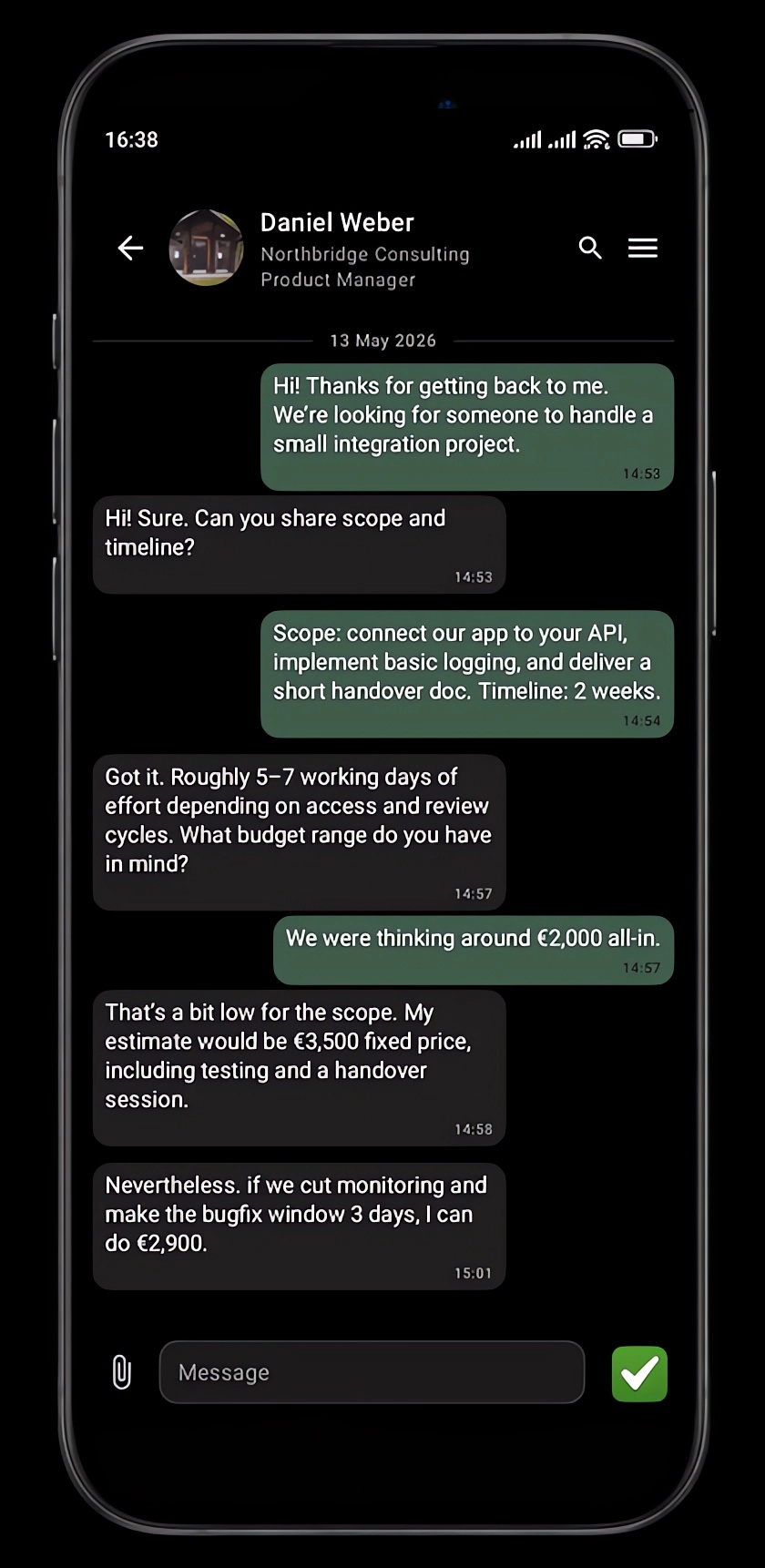 Core51 app screenshot: business conversation